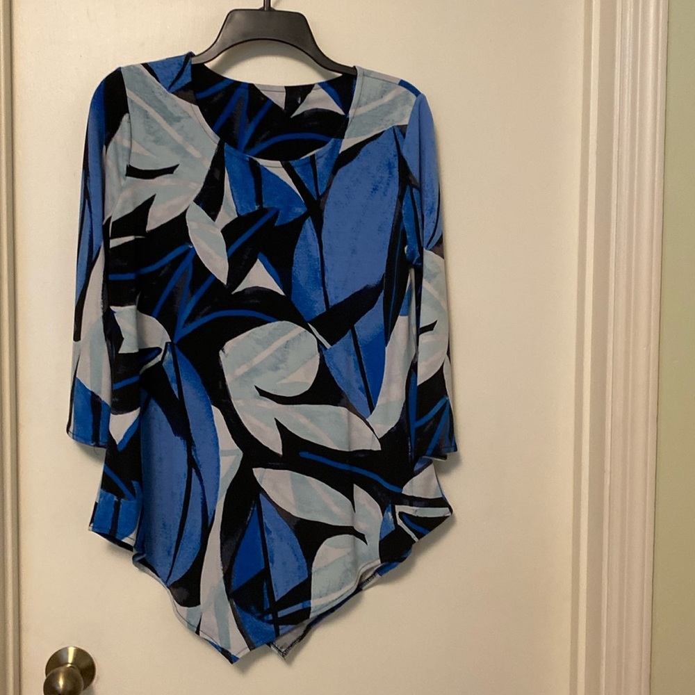 Alfani 3/4 sleeve scarf pointed hem, bold black, blue, white polyester S tunic